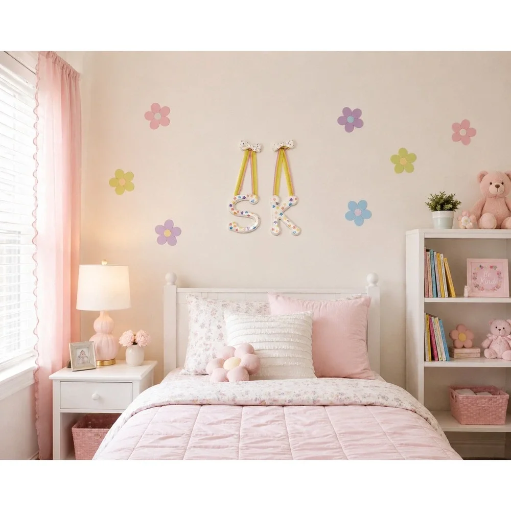 Hand‎ Painted Floral Wooden Letters S K Nursery Wall Decor Ribbon Hanging Set
